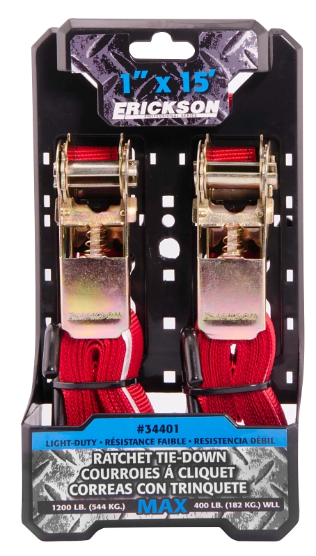 Erickson 34401 Tie-Down Strap, 1 in W, 15 ft L, Rubber, Red, 400 lb Working Load